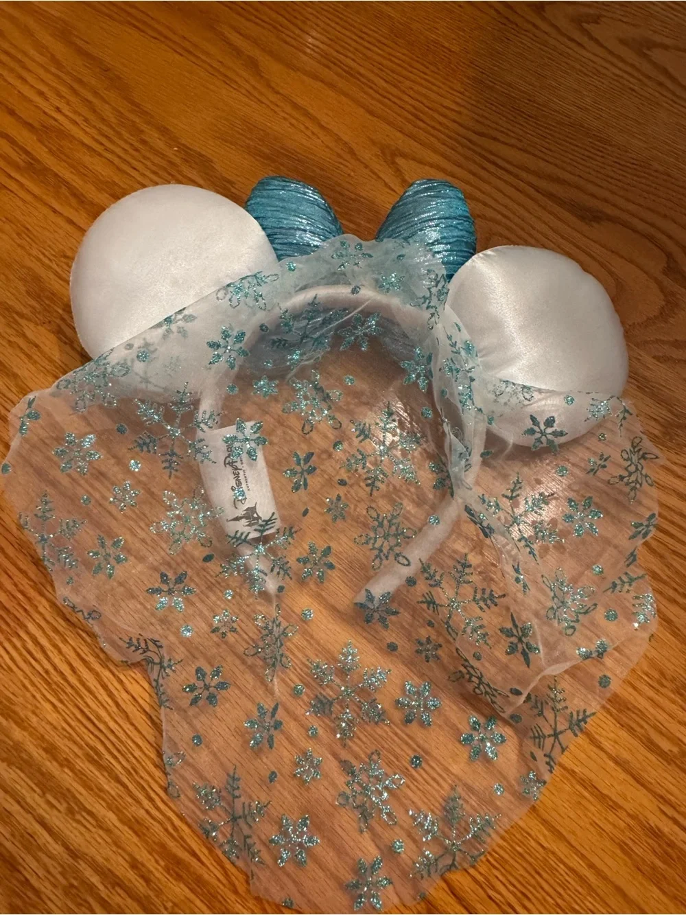 Disney Parks Teal Bow Snowflake Mouse Ear Headband - White & Teal